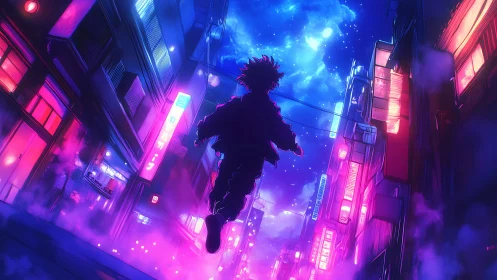 Neon skywalker drifts through a midnight cyber alleyway.