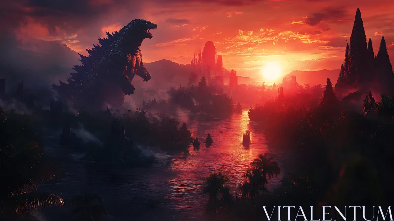 Colossal kaiju towers over fiery jungle river at sunset.