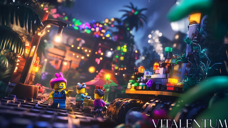 Lego minifigures explore vibrant night festival street