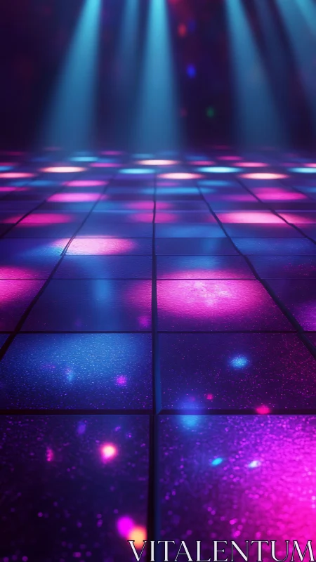 Illuminated grid floor under colored stage spotlights.