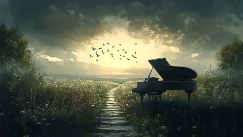 Lonely grand piano awaits the sunrise on a misty meadow path