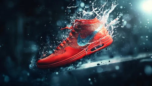 Electric red running shoe splashing through liquid light.