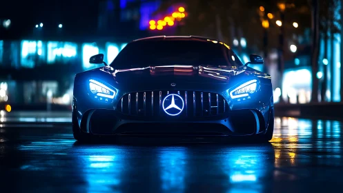 Mercedes performance coupe under neon city night lighting.