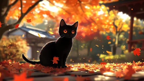 Curious black cat resting in a golden autumn garden scene.