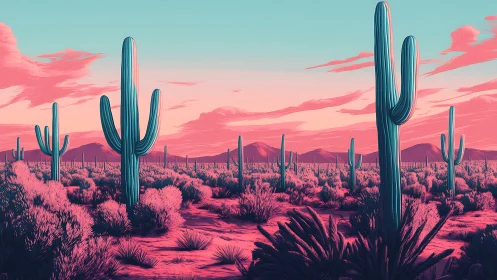 Stylized desert landscape presents cacti under gradient sky