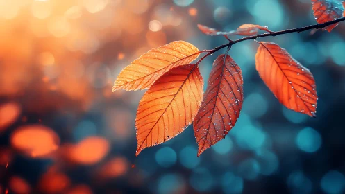 Autumn leaves with dewdrops against soft teal bokeh background.
