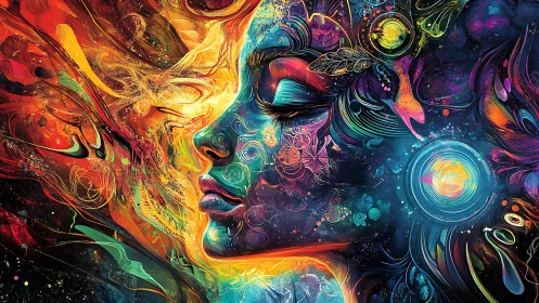 Digital painting of cosmic dual-color portrait in motion flow.