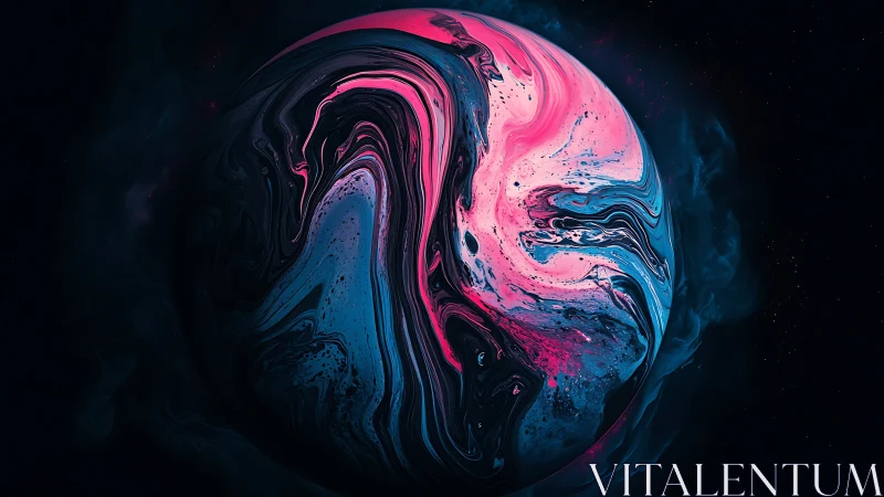 Abstract neon planet with swirling pink and blue forms.
