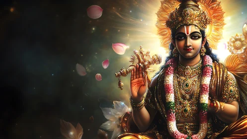 Radiant Hindu deity in ornate gold regalia with floating petals