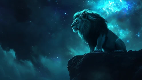 Celestial lion silhouette under glowing teal cosmos.
