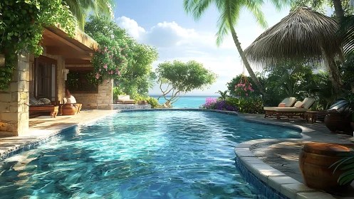 Luxury tropical poolside villa opens onto a calm turquoise sea