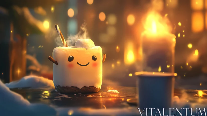 Smiling winter marshmallow hero soaking in candlelit glow.