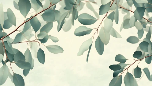 Minimalist eucalyptus branches with soft pastel leaves on light background.