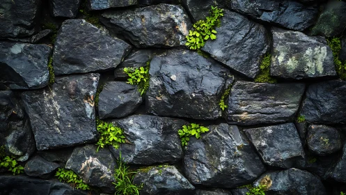Wet dark stone wall shows green plants breaking through gaps