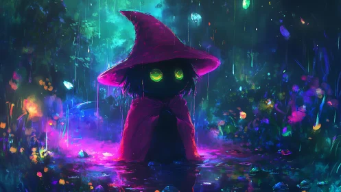Small robed figure under rain in neon forest clearing.