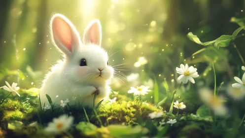 White rabbit in sunlit forest clearing with daisies present.