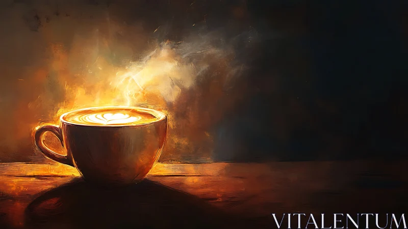 Dark Ceramic Cup with Luminous Beverage Against Warm Backdrop
