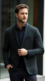 Stylish man in plaid blazer exudes contemporary urban sophistication and confidence.