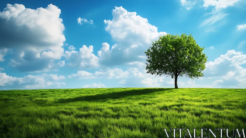 Lone Tree on Green Meadow Under Blue Sky, Photorealistic Landscape.