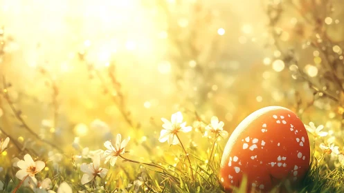 Backlit orange Easter egg in dewy spring meadow at sunrise