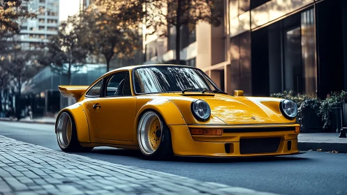 Yellow widebody classic sports car parked on city street.