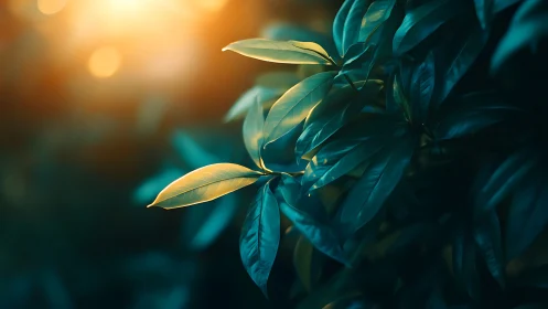 Backlit green leaves catch warm cinematic sunset glow.