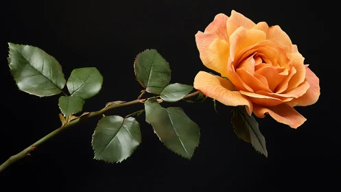 Apricot Rose with Green Foliage Against Black Background