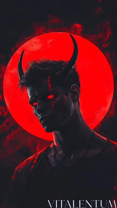 Digital painting portrait of horned demon before crimson moon.