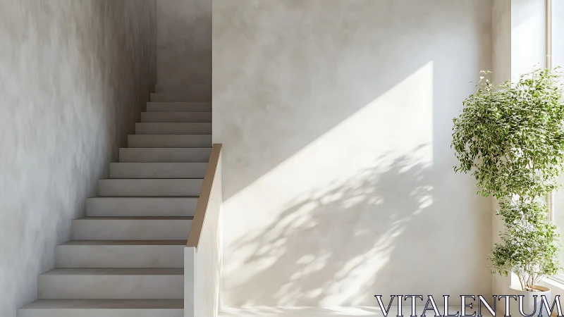Sunlit minimalist staircase intersects with sculptural indoor foliage
