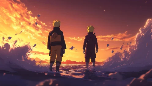 Sunset confrontation between twin warriors on stormy sea.