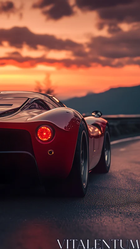 Scarlet supercar hunts the horizon under ember-soaked skies.