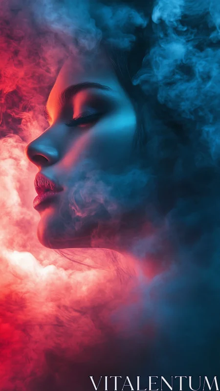 Side profile portrait in red and blue neon smoke glow.