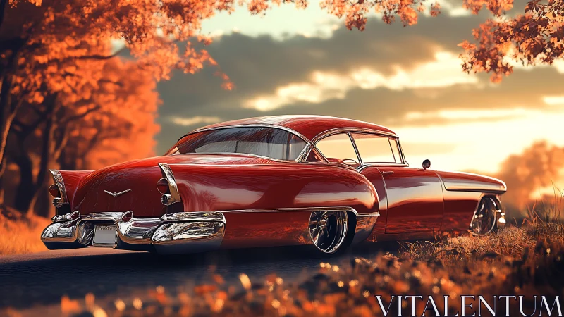 Crimson classic car gliding through a golden autumn glow.