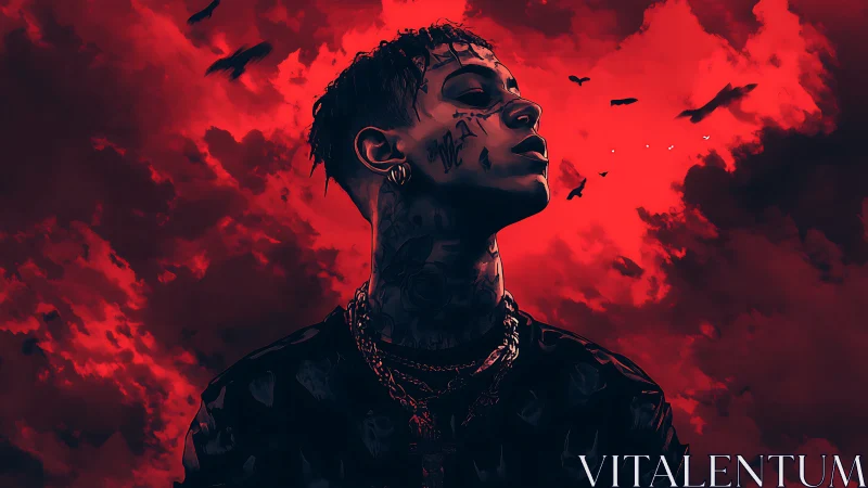 Crimson storm idol gazes skyward through raptured shadows.