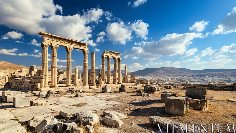 Ruined classical colonnade in arid landscape under sky.
