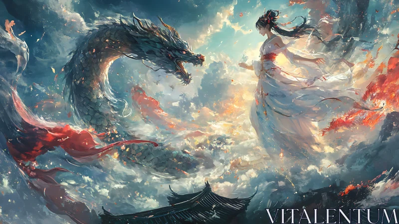 Sky-dancing maiden and celestial dragon in swirling light.