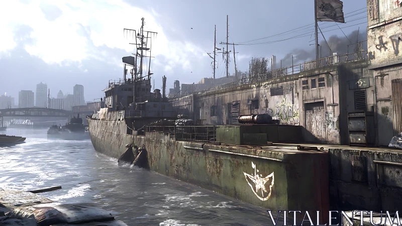 Rustbound warship dreaming beside a smog-choked harbor wall.