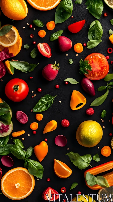 Vibrant mixed produce array forms dynamic diagonal food composition