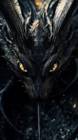 Midnight dragon moth with molten golden eyes staring close.