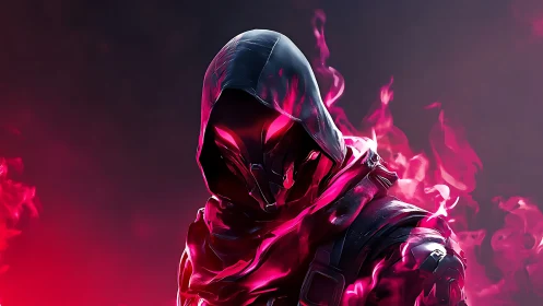 Hooded cyber assassin with neon pink infernal flames.