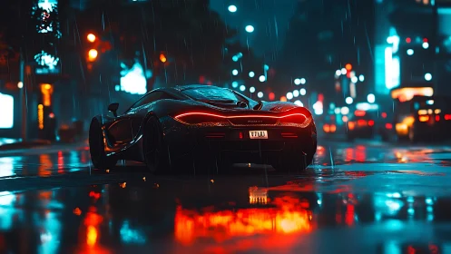 Cyberpunk supercar in neon-soaked nocturnal streetscape.