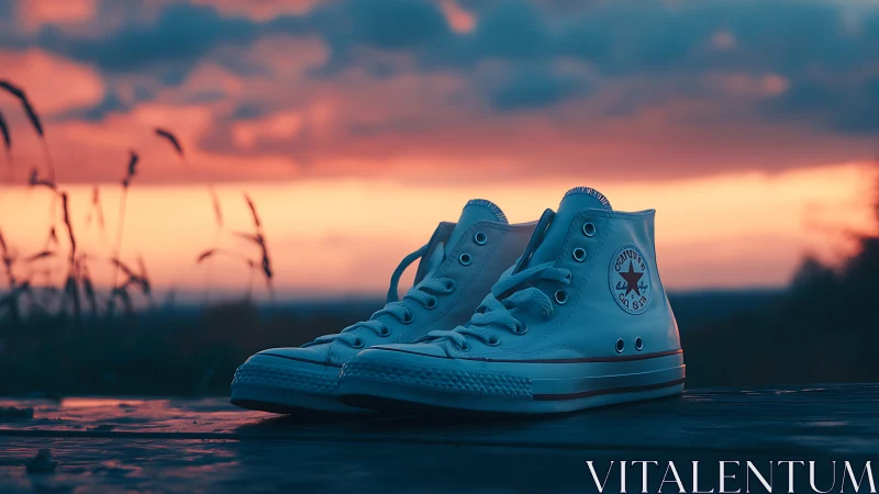White high-top sneakers rest on a bench at sunset
