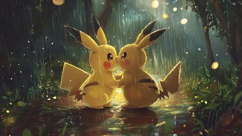 Pikachu couple share a glowing, rainy forest embrace.
