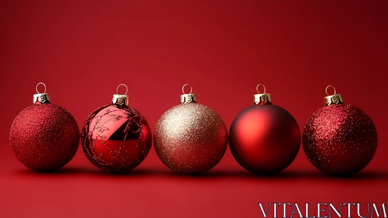 Red and gold Christmas baubles on plain red background.