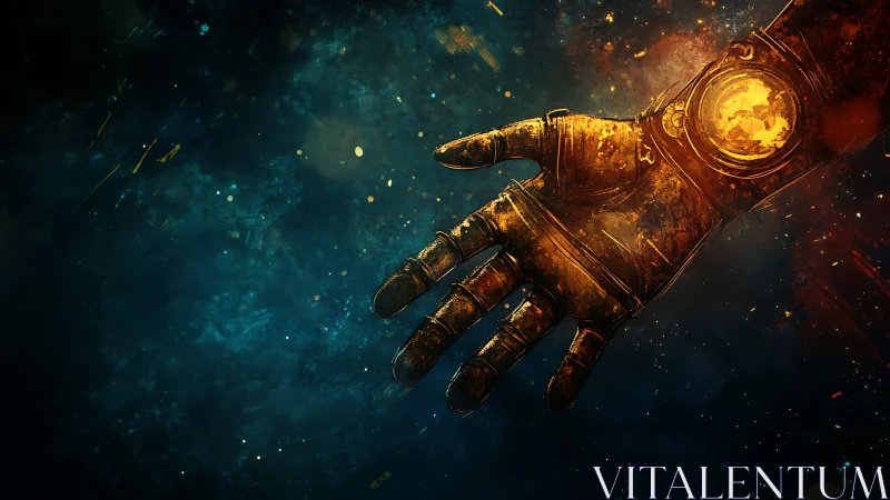 Golden armored hand floating in deep cosmic space field