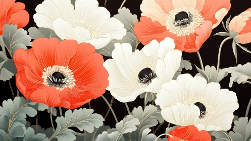 Red and White Poppies Blooming Against a Dark Night Sky