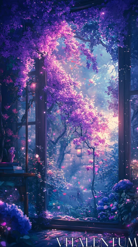 Digital painting window arbor with luminous violetscape framing.