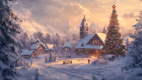 Snowy mountain village with large decorated Christmas tree.