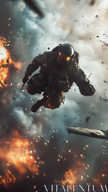 Soldier in tactical gear descends through midair explosions