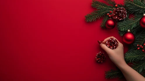 Hand arranging pinecones on red Christmas ornament garland
